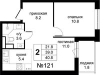 Планировка 2-комнатной квартиры, 40,8 м2