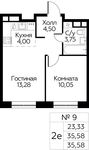 Планировка 2-комнатной квартиры, 35,58 м2