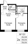 Планировка 2-комнатной квартиры, 39,06 м2