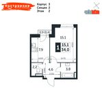 Планировка 1-комнатной квартиры, 34 м2