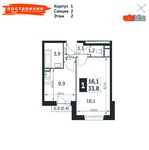 Планировка 1-комнатной квартиры, 33,8 м2