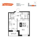 Планировка 1-комнатной квартиры, 33,7 м2