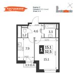 Планировка 1-комнатной квартиры, 32,5 м2