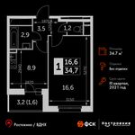 Планировка 1-комнатной квартиры, 34,7 м2