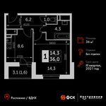 Планировка 1-комнатной квартиры, 36 м2