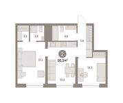 Планировка 2-комнатной квартиры, 56 м2
