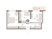 Планировка 2-комнатной квартиры, 48 м2