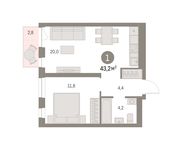 Планировка 1-комнатной квартиры, 43 м2