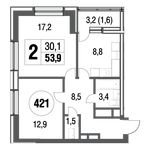 Планировка 2-комнатной квартиры, 54,2 м2
