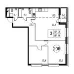 Планировка 3-комнатной квартиры, 82 м2