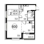 Планировка 2-комнатной квартиры, 53,4 м2