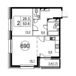 Планировка 2-комнатной квартиры, 54 м2