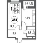 Планировка 1-комнатной квартиры, 38,5 м2