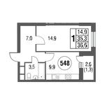 Планировка 1-комнатной квартиры, 38,6 м2