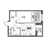 Планировка 1-комнатной квартиры, 38 м2