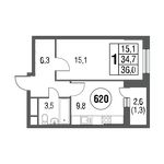 Планировка 1-комнатной квартиры, 38,1 м2