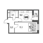 Планировка 1-комнатной квартиры, 38,3 м2