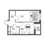 Планировка 1-комнатной квартиры, 38,3 м2