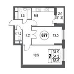 Планировка 2-комнатной квартиры, 57,4 м2