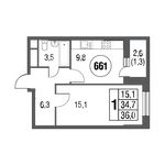 Планировка 1-комнатной квартиры, 38,3 м2