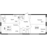 Планировка 3-комнатной квартиры, 91,4 м2