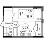 Планировка 1-комнатной квартиры, 38,9 м2