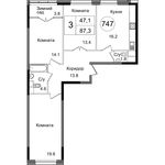 Планировка 3-комнатной квартиры, 87,3 м2