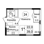 Планировка 1-комнатной квартиры, 39 м2