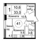 Планировка 1-комнатной квартиры, 33 м2