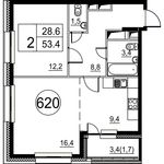 Планировка 2-комнатной квартиры, 53,4 м2