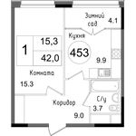 Планировка 1-комнатной квартиры, 42 м2