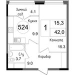 Планировка 1-комнатной квартиры, 42 м2
