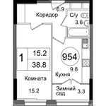 Планировка 1-комнатной квартиры, 38,8 м2
