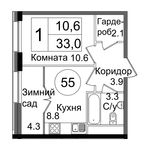 Планировка 1-комнатной квартиры, 33 м2