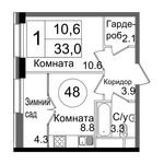 Планировка 1-комнатной квартиры, 33 м2