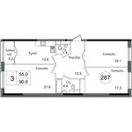Планировка 3-комнатной квартиры, 90,7 м2