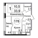 Планировка 1-комнатной квартиры, 33,9 м2
