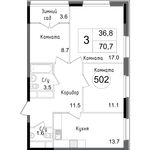 Планировка 3-комнатной квартиры, 70,6 м2