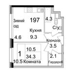 Планировка 1-комнатной квартиры, 34,3 м2