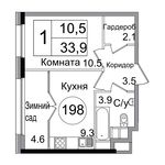 Планировка 1-комнатной квартиры, 33,9 м2