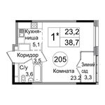 Планировка 1-комнатной квартиры, 38,7 м2
