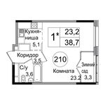Планировка 1-комнатной квартиры, 38,7 м2