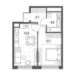 Планировка 1-комнатной квартиры, 38,5 м2