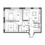 Планировка 3-комнатной квартиры, 61 м2