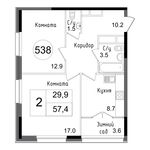 Планировка 2-комнатной квартиры, 57,5 м2