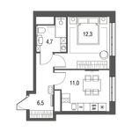 Планировка 1-комнатной квартиры, 34,5 м2