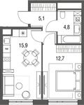 Планировка 1-комнатной квартиры, 38,5 м2