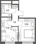 Планировка 1-комнатной квартиры, 33,1 м2