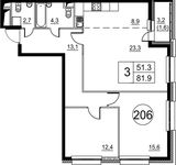 Планировка 3-комнатной квартиры, 82 м2