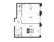 Планировка 2-комнатной квартиры, 52,5 м2